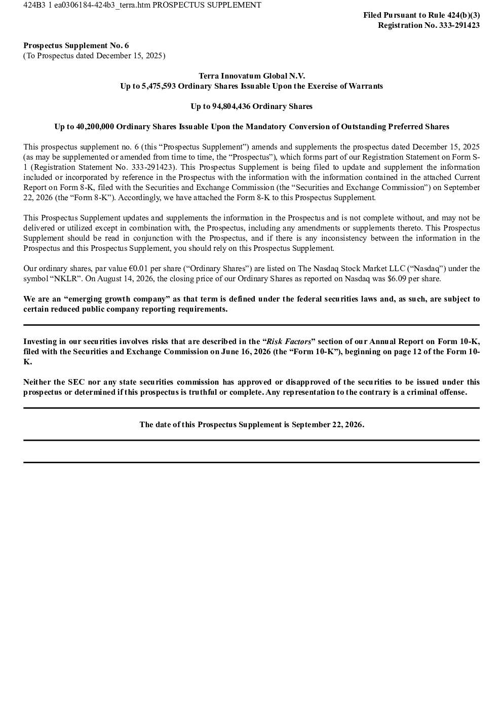 
Terra Innovatum Global NV美股招股说明书（2026-09-23版）