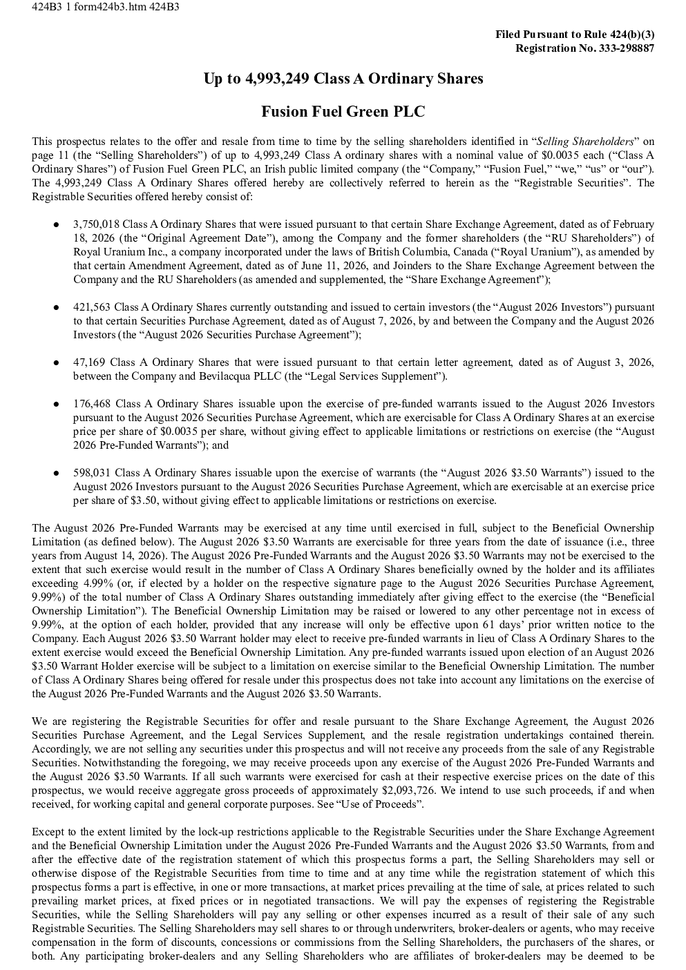 Fusion Fuel Green PLC-A美股招股说明书(2026-09-23版)