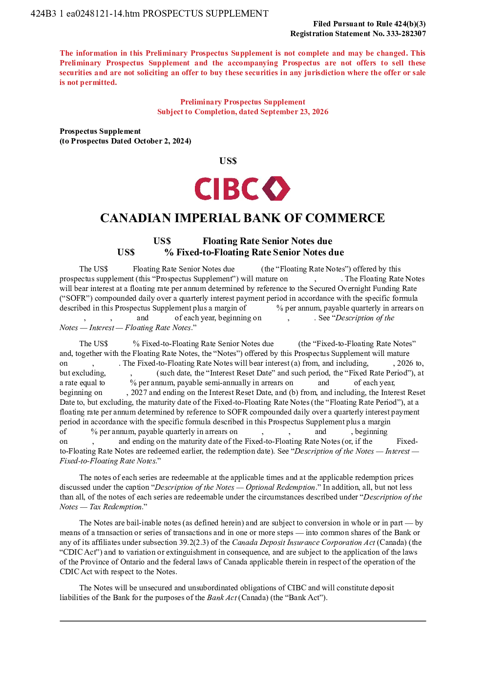 加拿大帝国商业银行美股招股说明书(2026-09-23版)