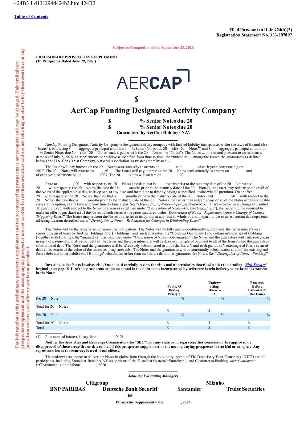 AerCap飞机租赁美股招股说明书(2026-09-23版)