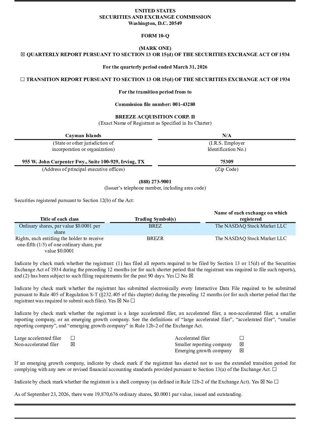 
 breez acquisition corp ii 2026年季度报告