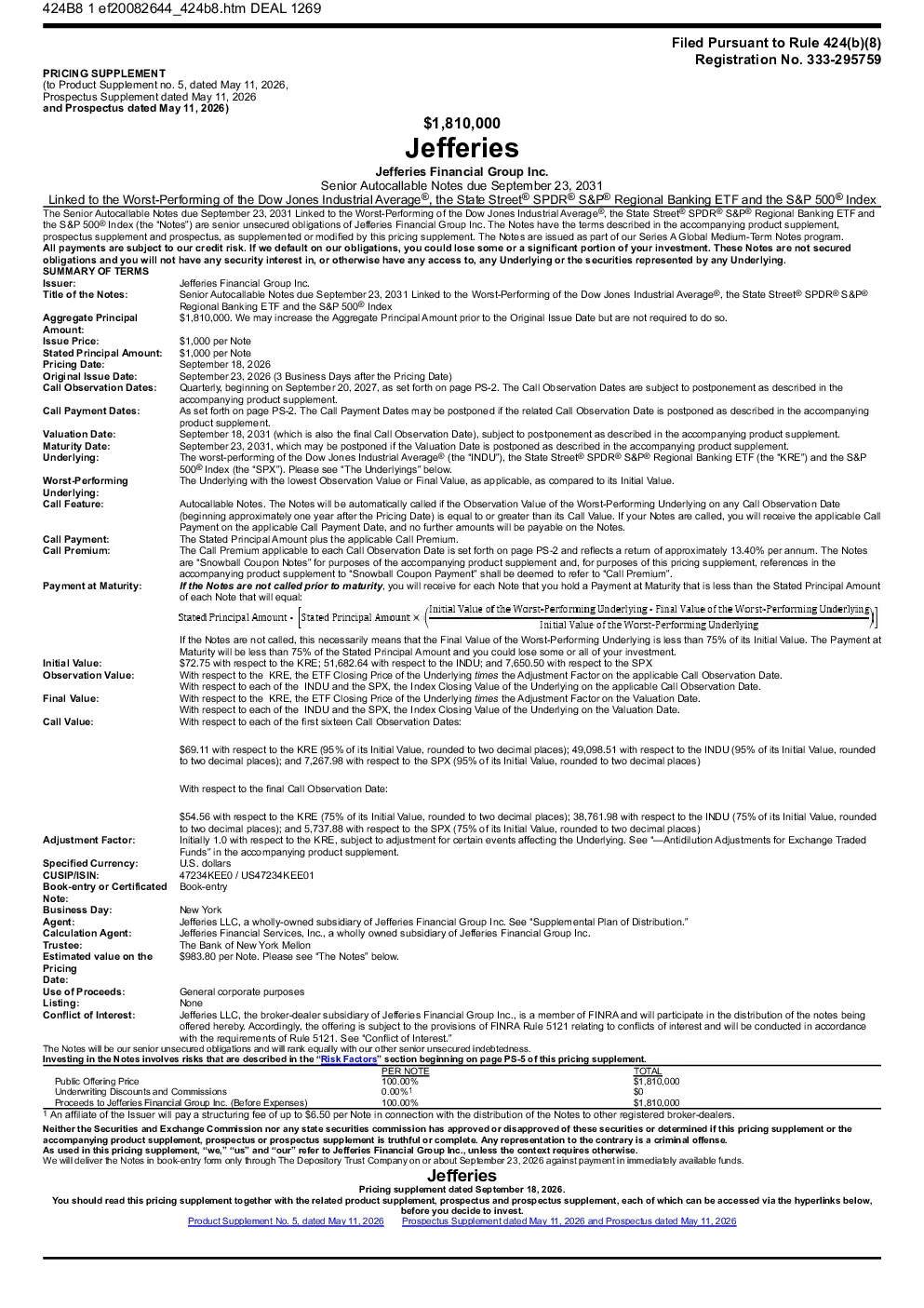 Jefferies Financial Group Inc美股招股说明书(2026-09-23版)
