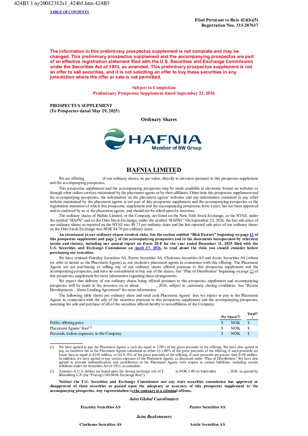 Hafnia Ltd美股招股说明书(2026-09-23版)