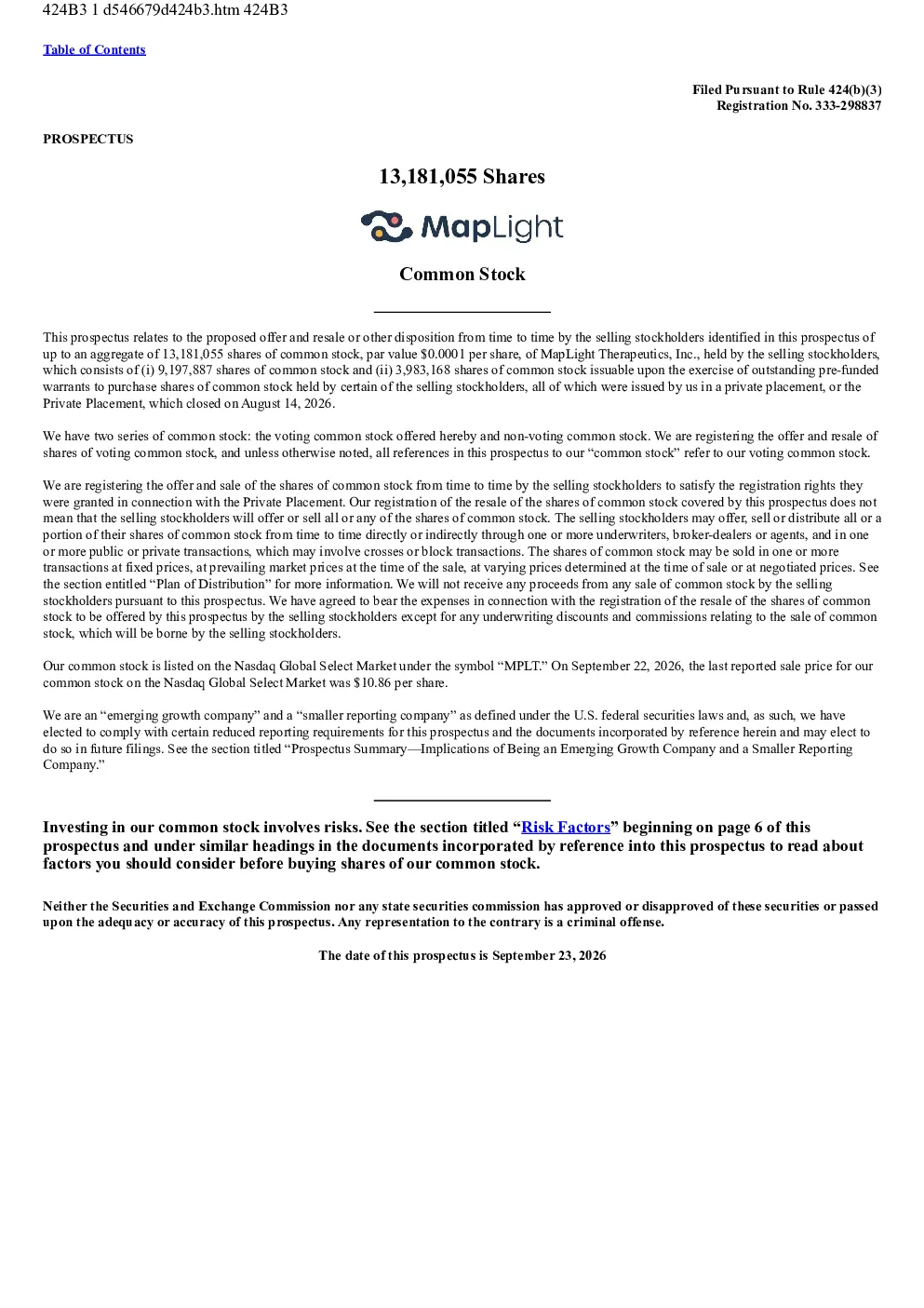 MapLight Therapeutics Inc美股招股说明书(2026-09-23版)