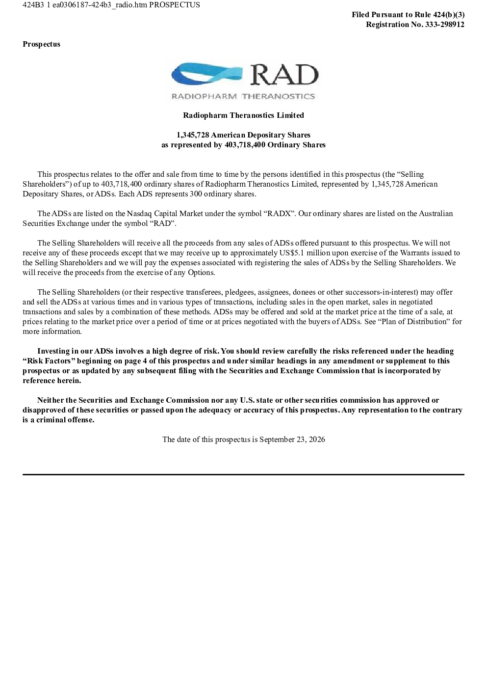 Radiopharm Theranostics Ltd ADR美股招股说明书(2026-09-23版)
