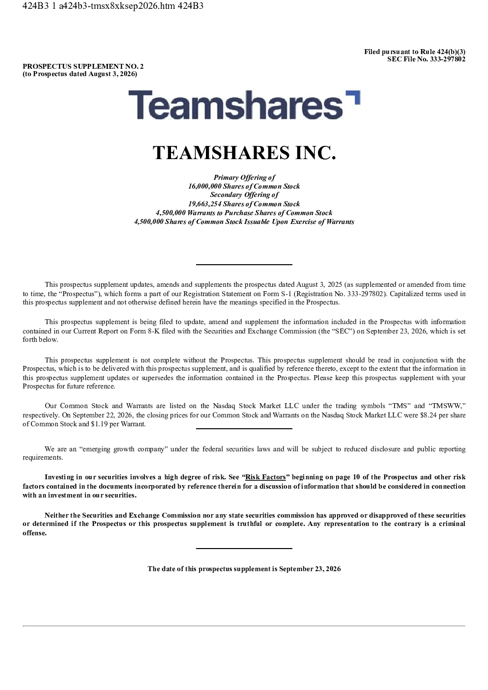 Teamshares Inc美股招股说明书(2026-09-23版)