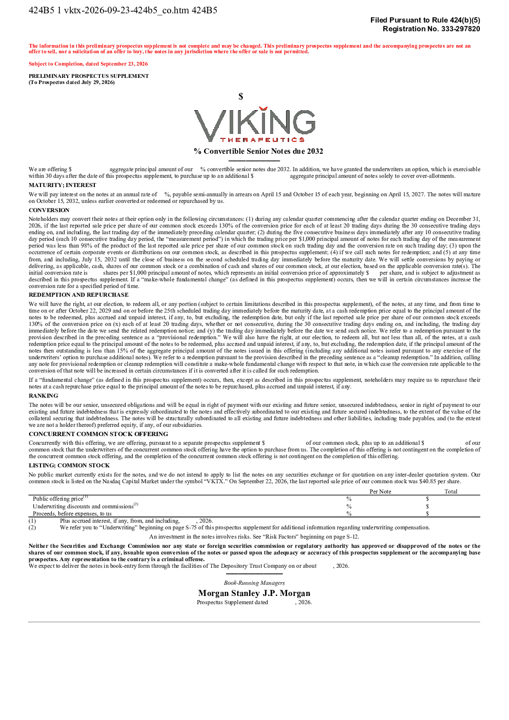 Viking Therapeutics Inc美股招股说明书(2026-09-23版)