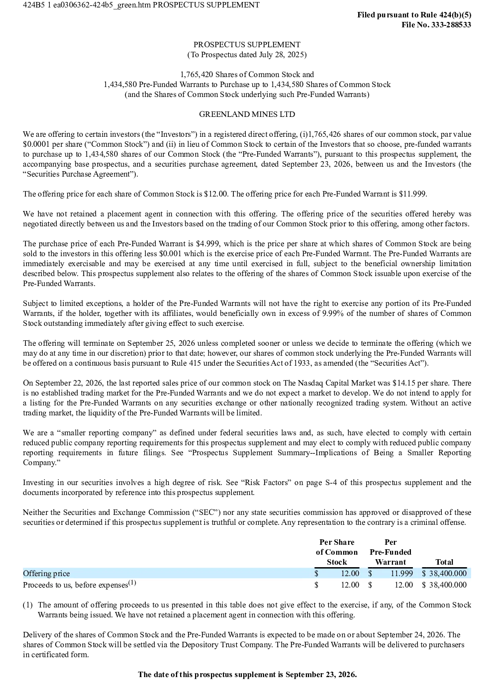 Greenland Mines Ltd美股招股说明书(2026-09-23版)