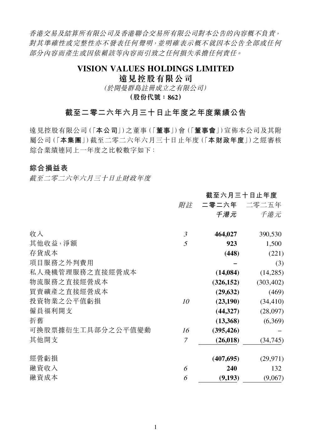 远见控股：截至二零二六年六月三十日止年度之年度业绩公告