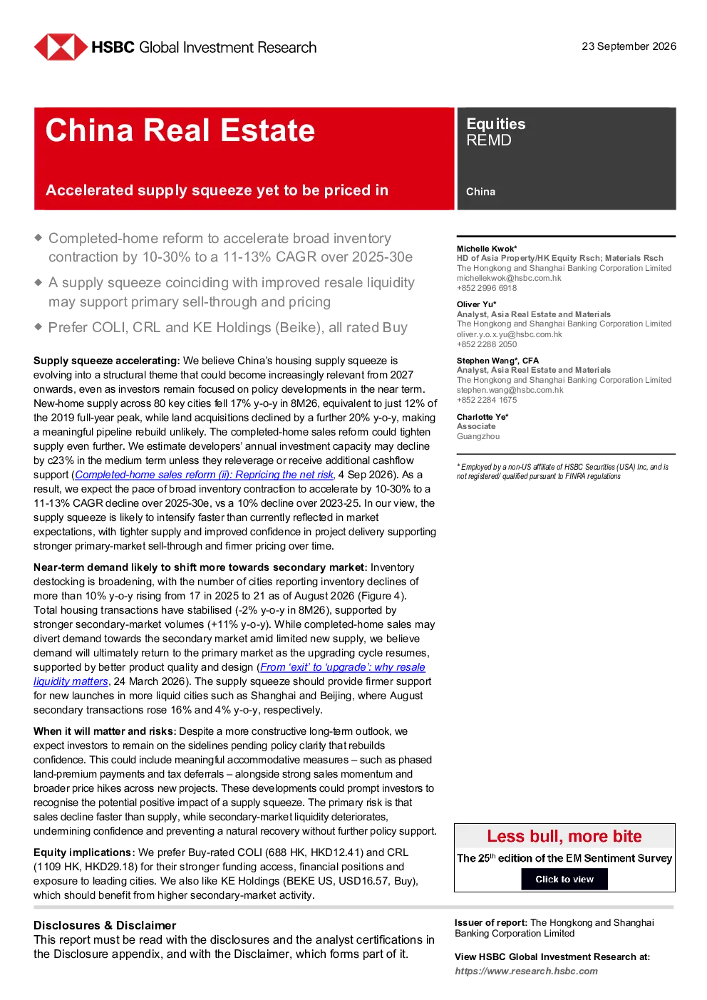 中国房地产：加速的供应收缩尚未被定价