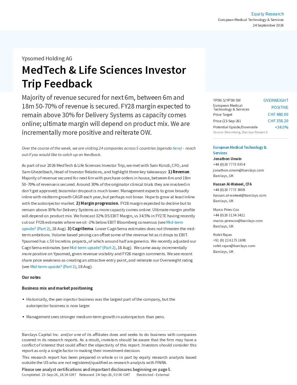 Ypsomed医疗科技与生命科学投资者调研反馈