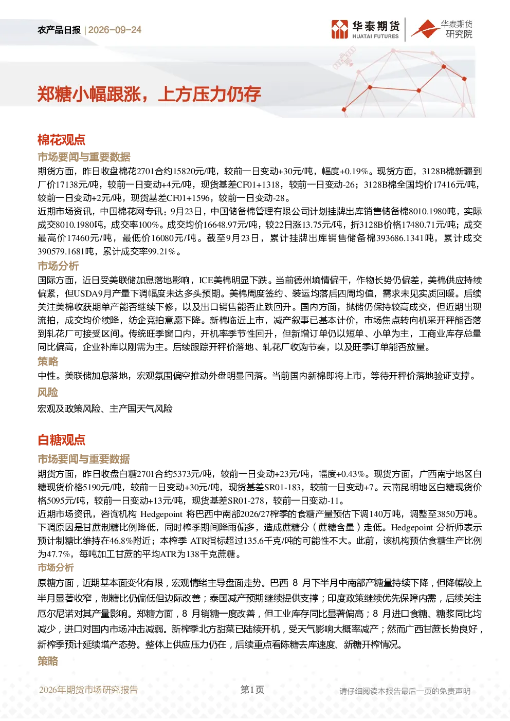 农产品日报：郑糖小幅跟涨，上方压力仍存