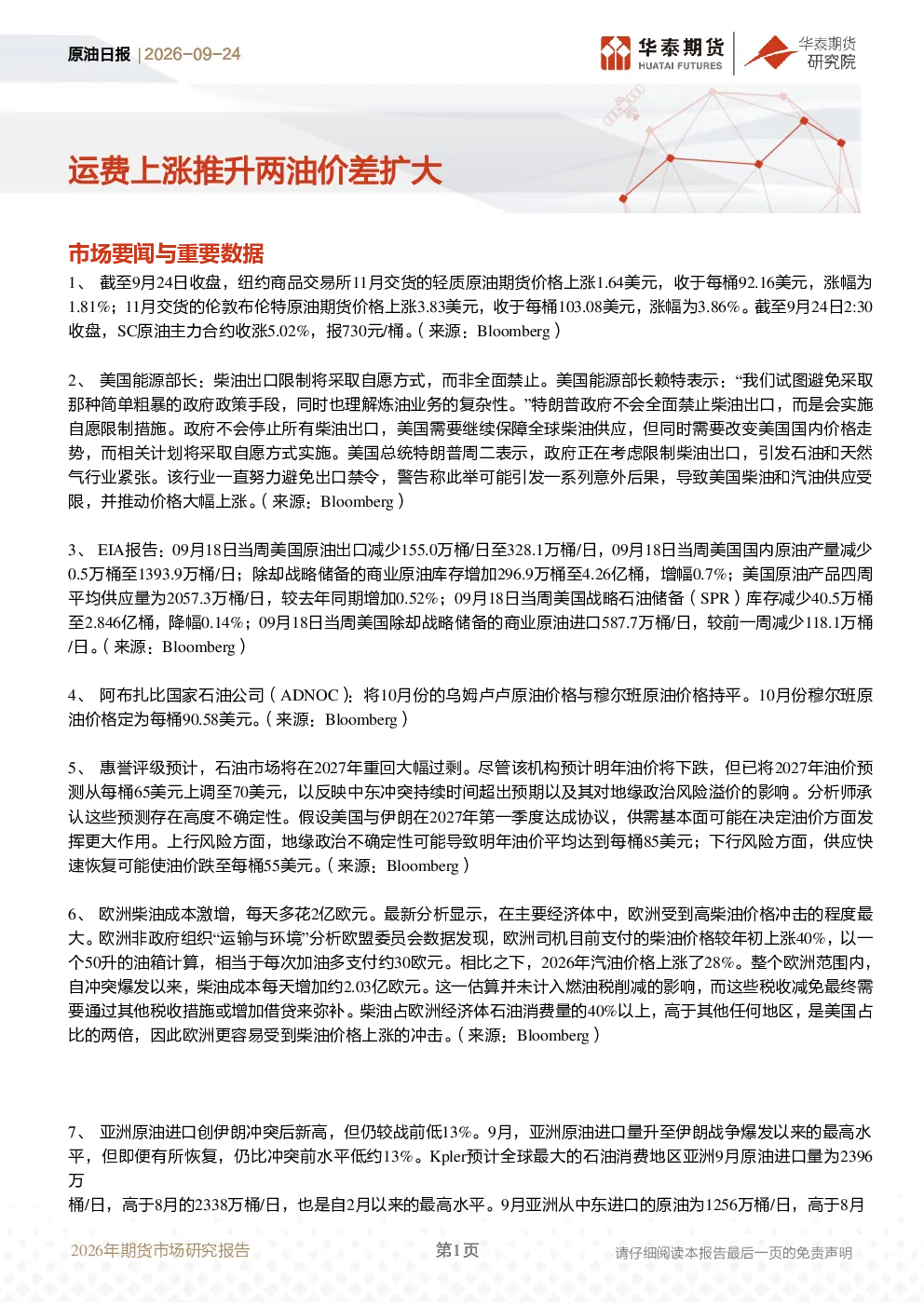 原油日报：运费上涨推升两油价差扩大