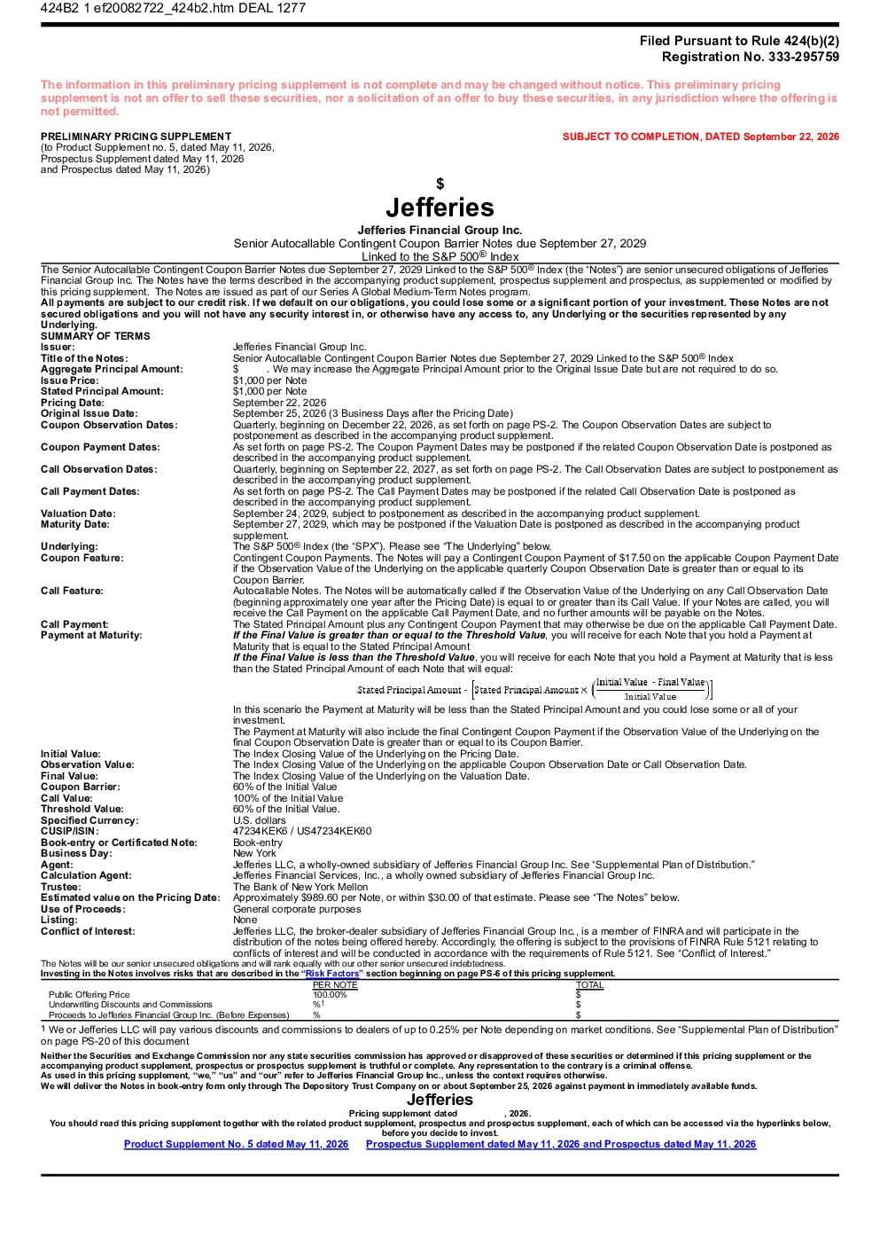 
杰弗里金融集团股份有限公司美国存托凭证招股说明书（2026年9月24日版）