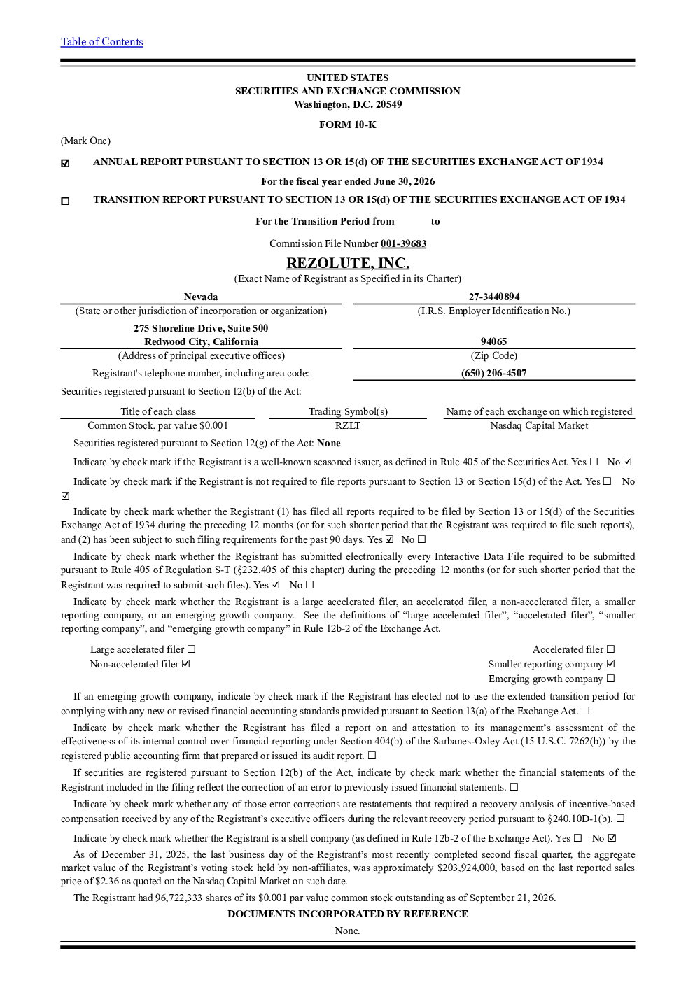 Rezolute Inc 2025年度报告
