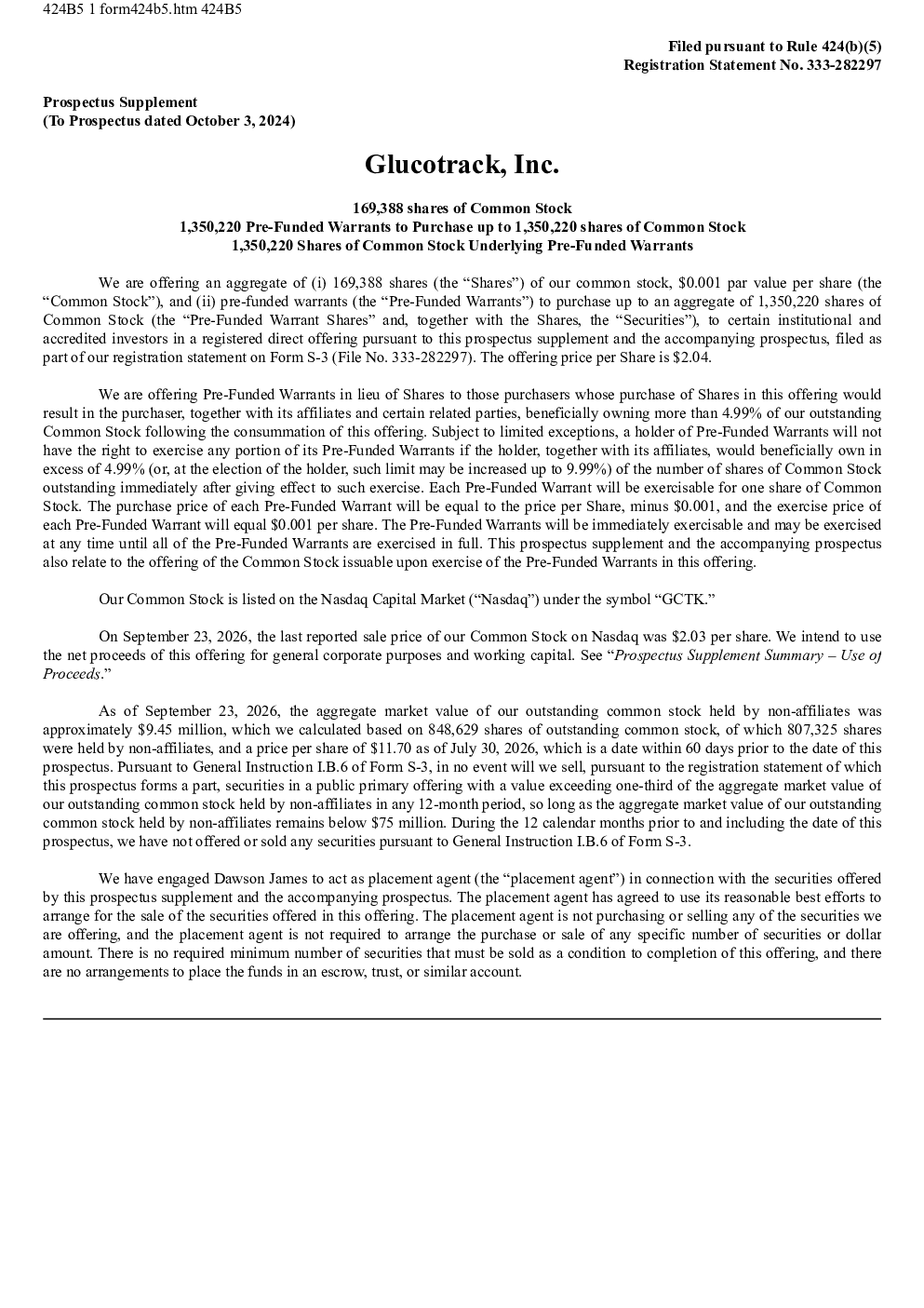 GlucoTrack Inc美股招股说明书(2026-09-24版)