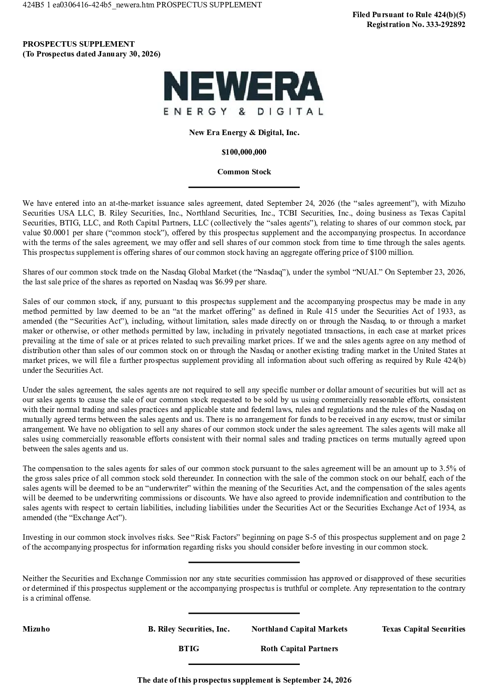 
新纪元能源与数字公司美国存托凭证招股说明书（2026年9月24日版）