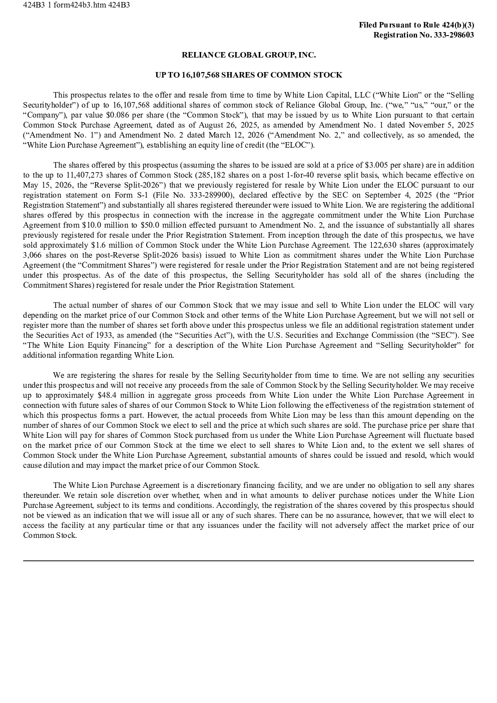 Reliance Global Group Inc. 美股招股说明书（2026-09-24版）