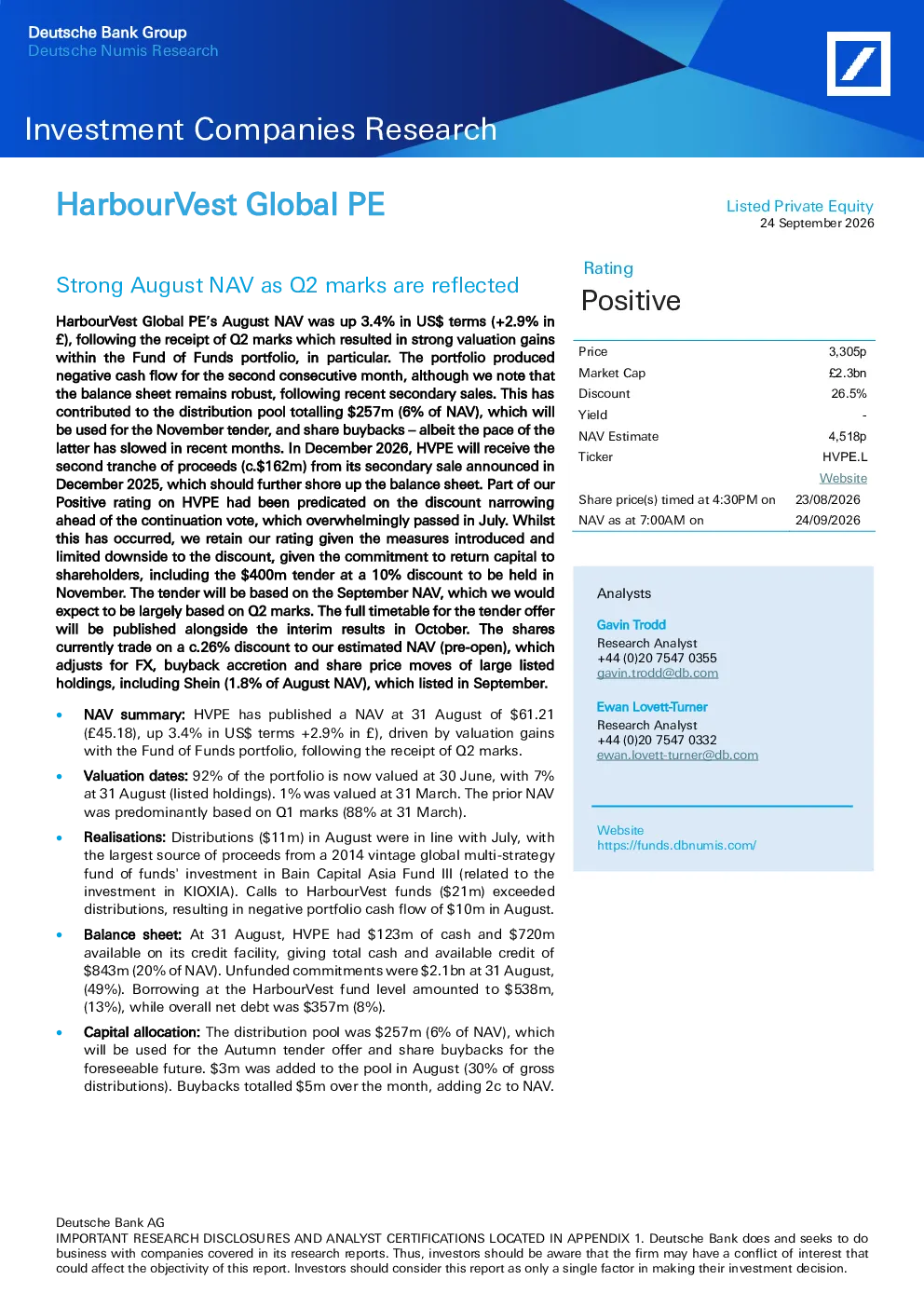 德意志银行_HarbourVest全球私募股权：8月NAV表现强劲，反映第二季度估值水平