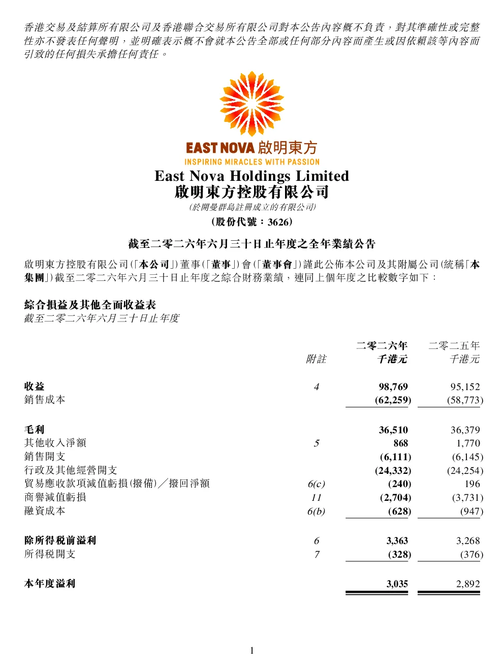 启明东方控股：截至二零二六年六月三十日止年度之全年业绩公告