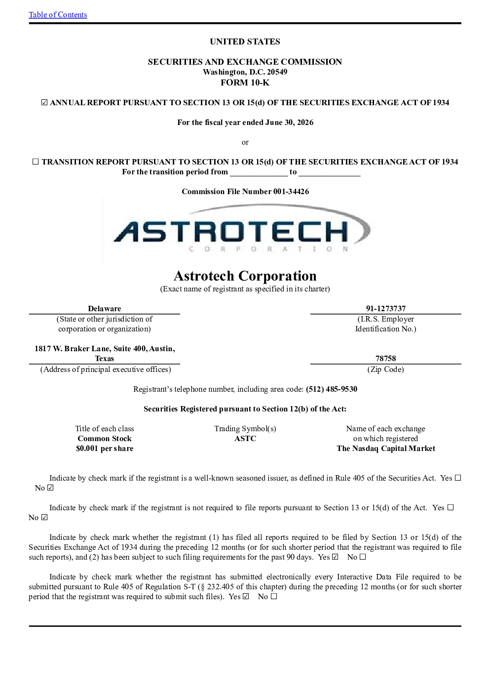 Astrotech Corp 2025年度报告