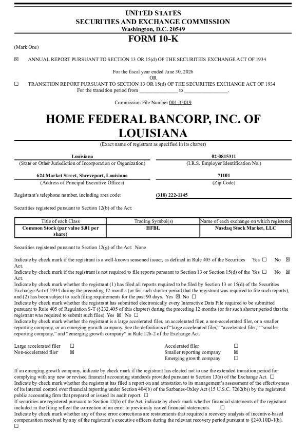 Home Federal Bancorp Inc of Louisiana 2025年度报告