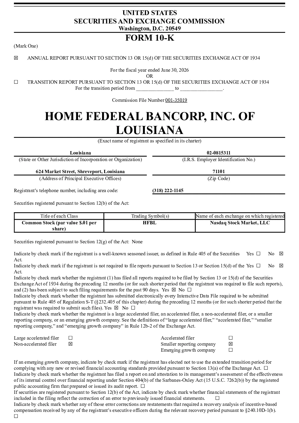 Home Federal Bancorp Inc of Louisiana 2025年度报告
