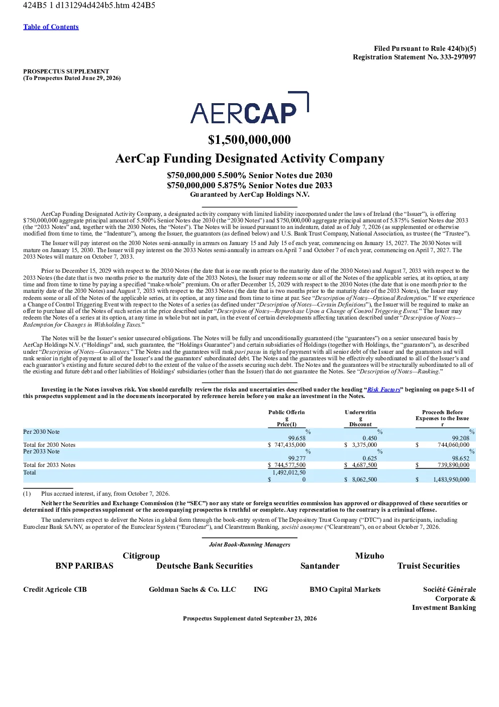AerCap飞机租赁美股招股说明书(2026-09-25版)