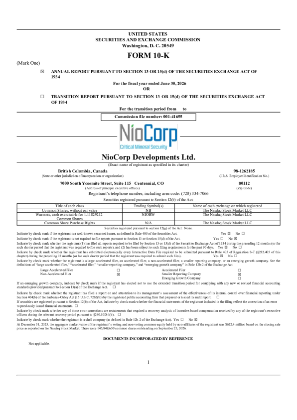 NioCorp Developments Ltd 2025年度报告