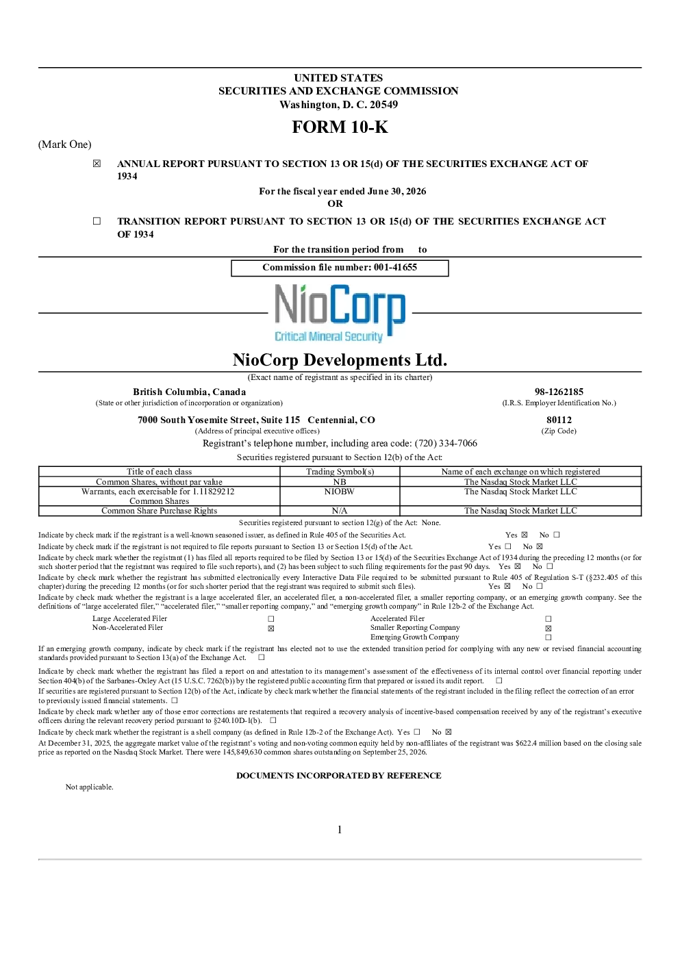 NioCorp Developments Ltd 2025年度报告