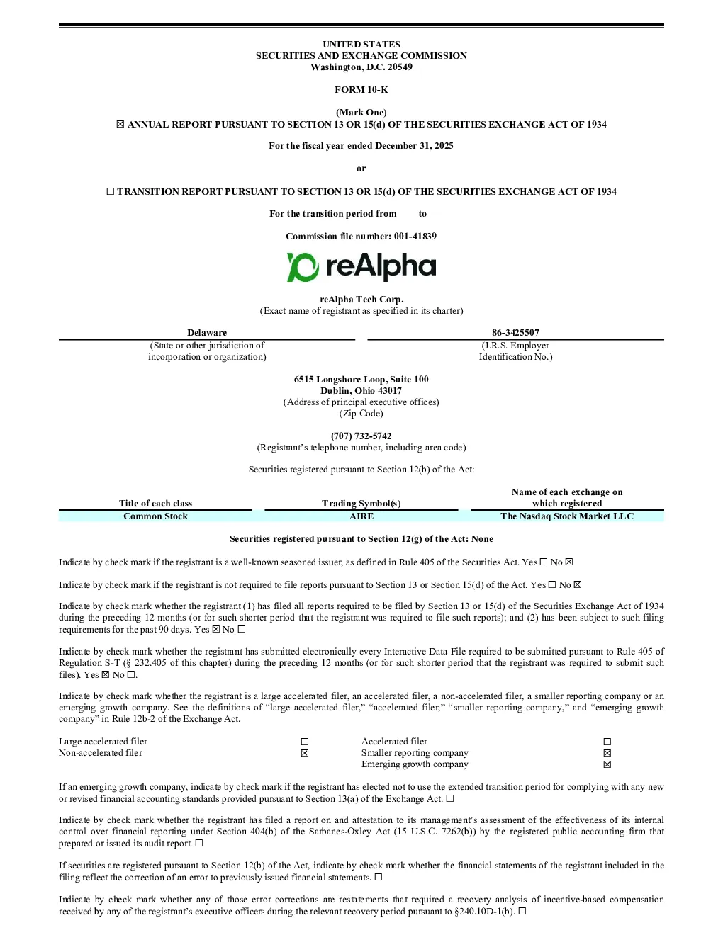 reAlpha Tech Corp 2025年度报告