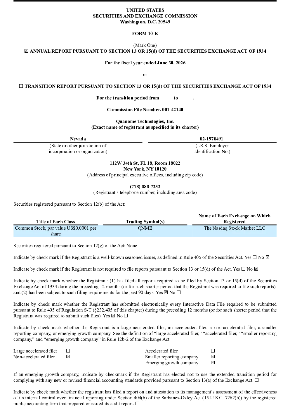 Quanome Technologies Inc 2025年度报告
