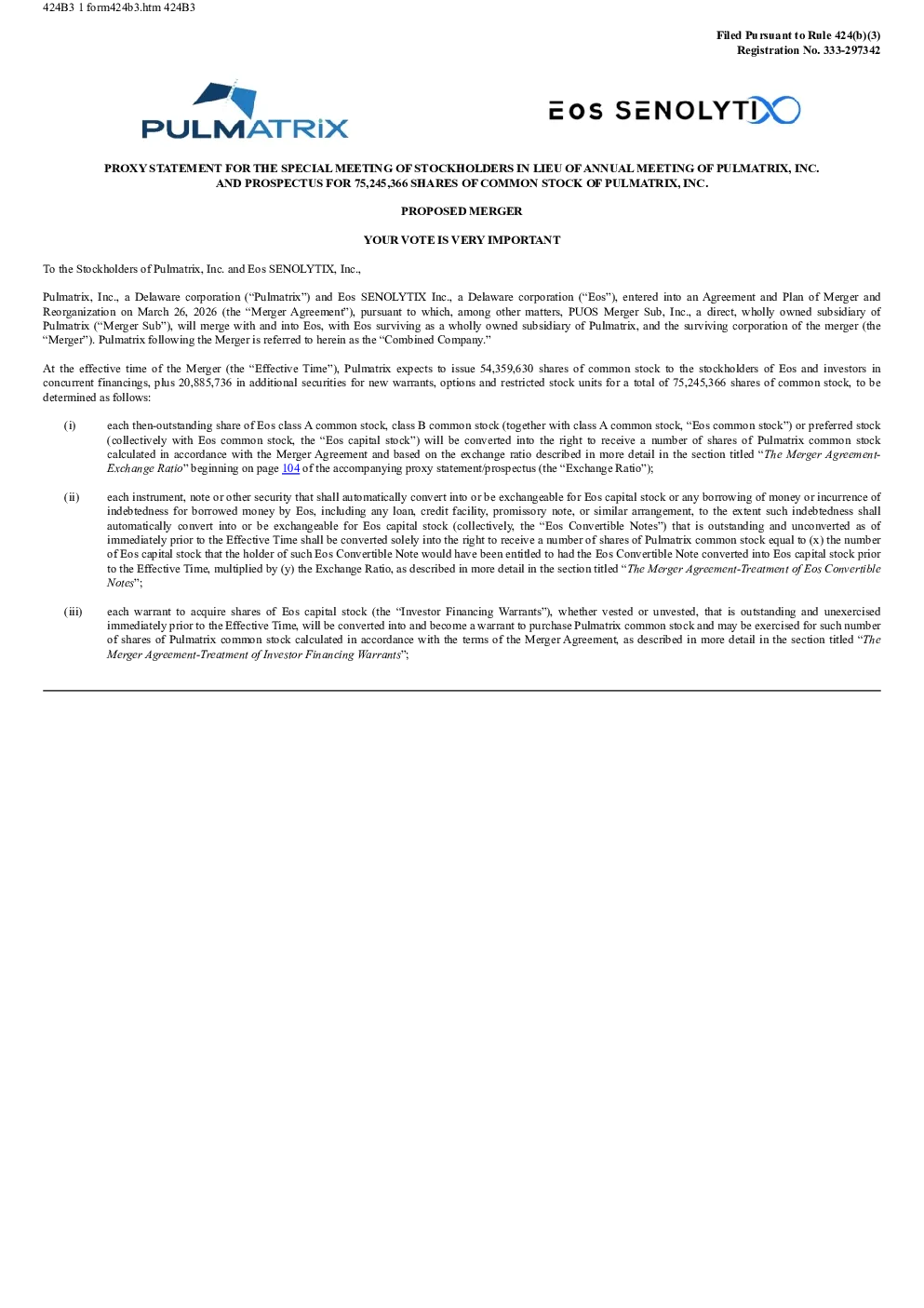 Pulmatrix Inc美股招股说明书(2026-09-25版)