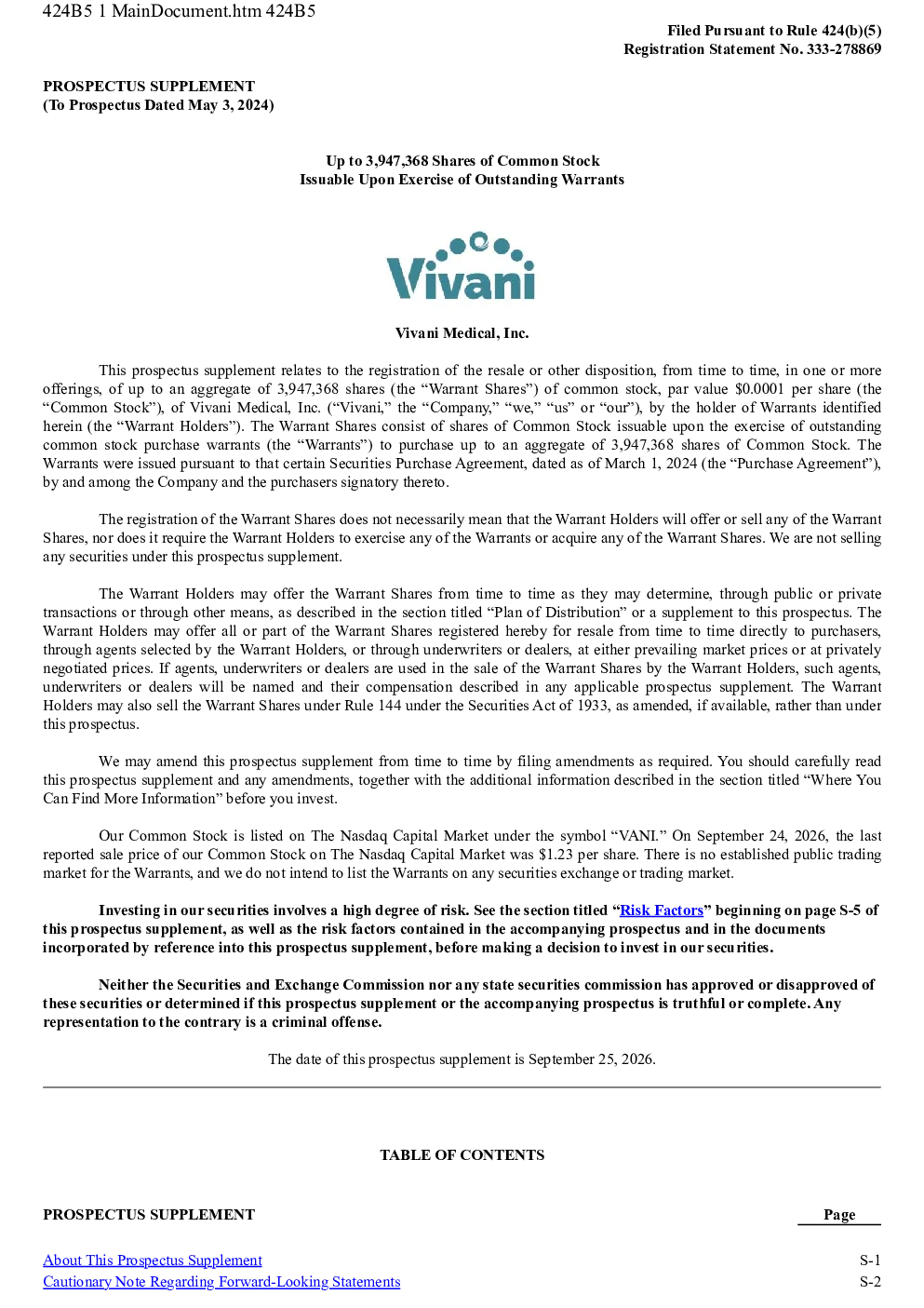 Vivani Medical Inc美股招股说明书(2026-09-25版)
