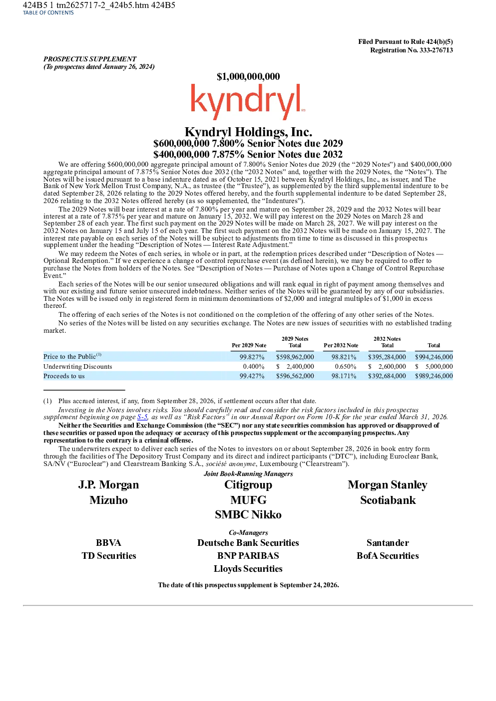 Kyndryl Holdings Inc美股招股说明书(2026-09-25版)