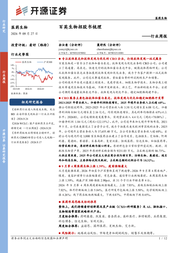 行业周报：百英生物招股书梳理