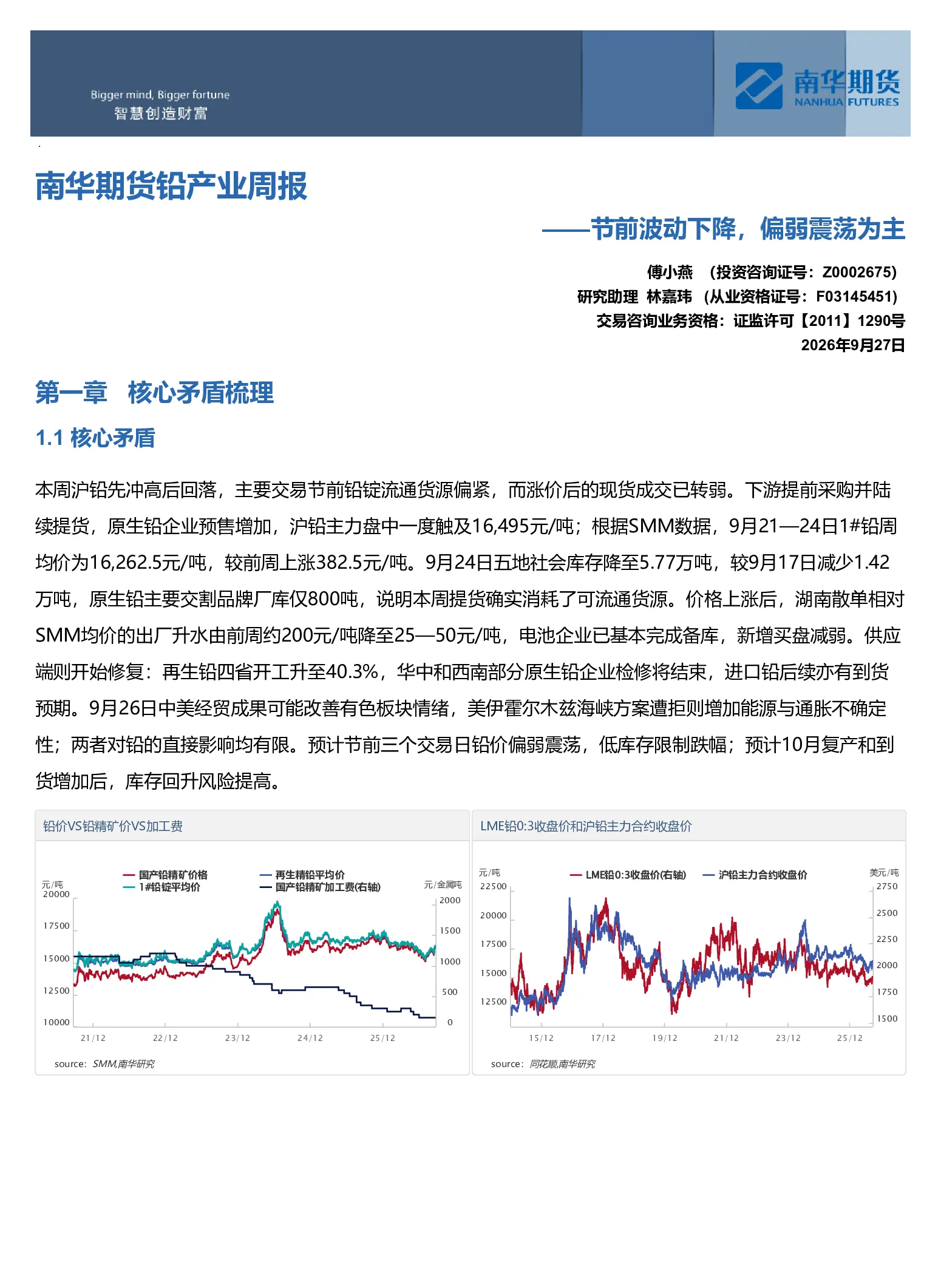 铅产业周报：节前波动下降，偏弱震荡为主