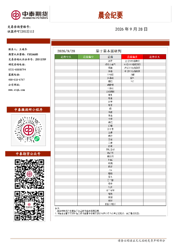晨会纪要：基于基本面研判