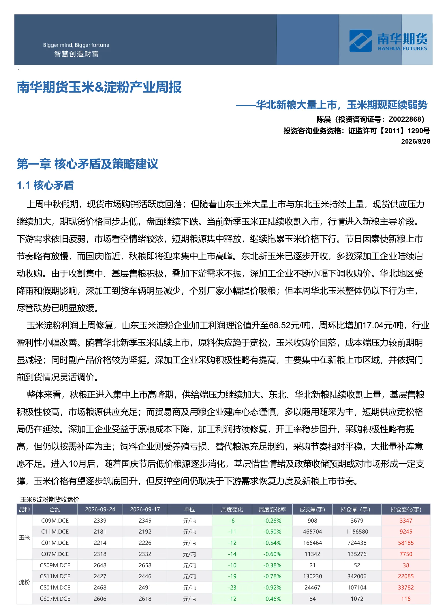 南华期货玉米&淀粉周报：华北新粮大量上市 玉米期现延续弱势