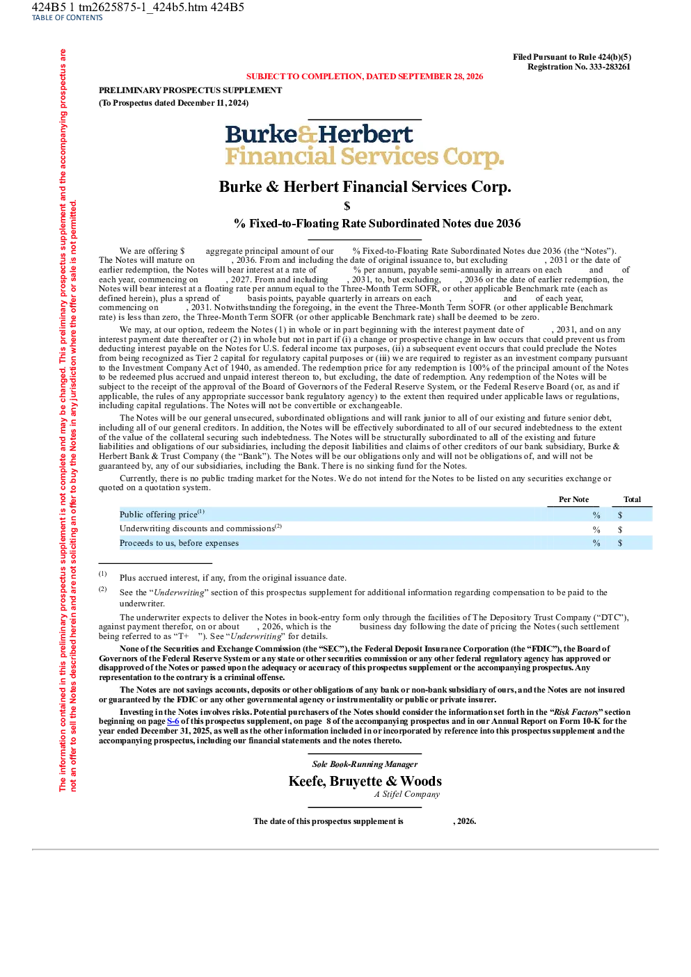 Burke & Herbert Financial Services Corp美股招股说明书(2026-09-28版)