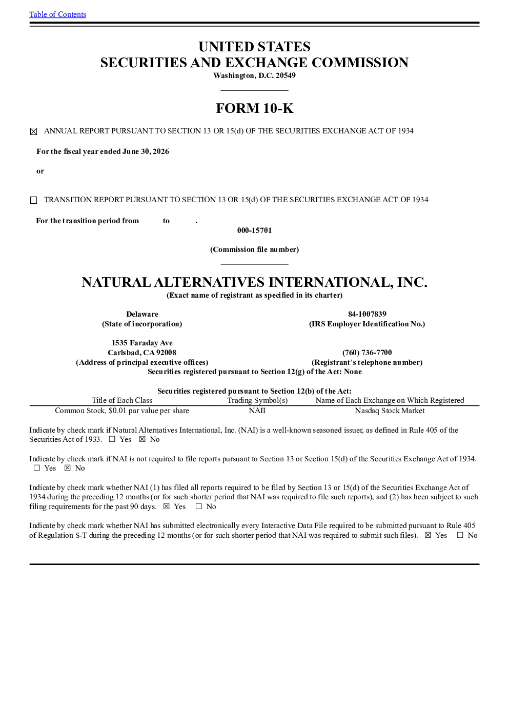Natural Alternatives International Inc 2025年度报告
