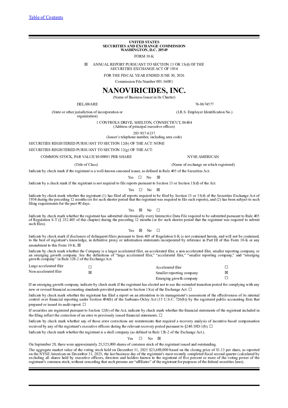 NanoViricides Inc 2025年度报告
