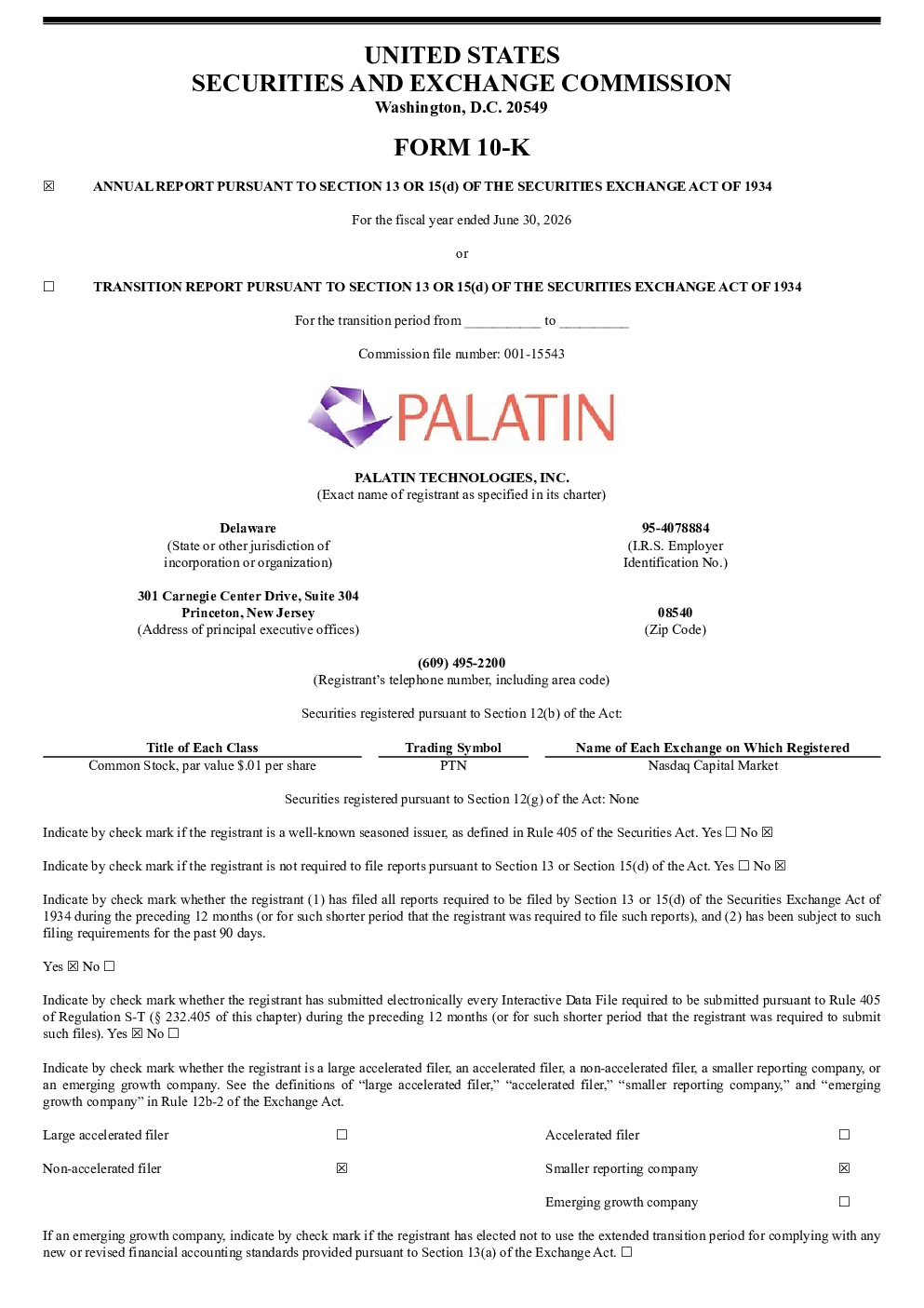 Palatin Technologies Inc 2025年度报告