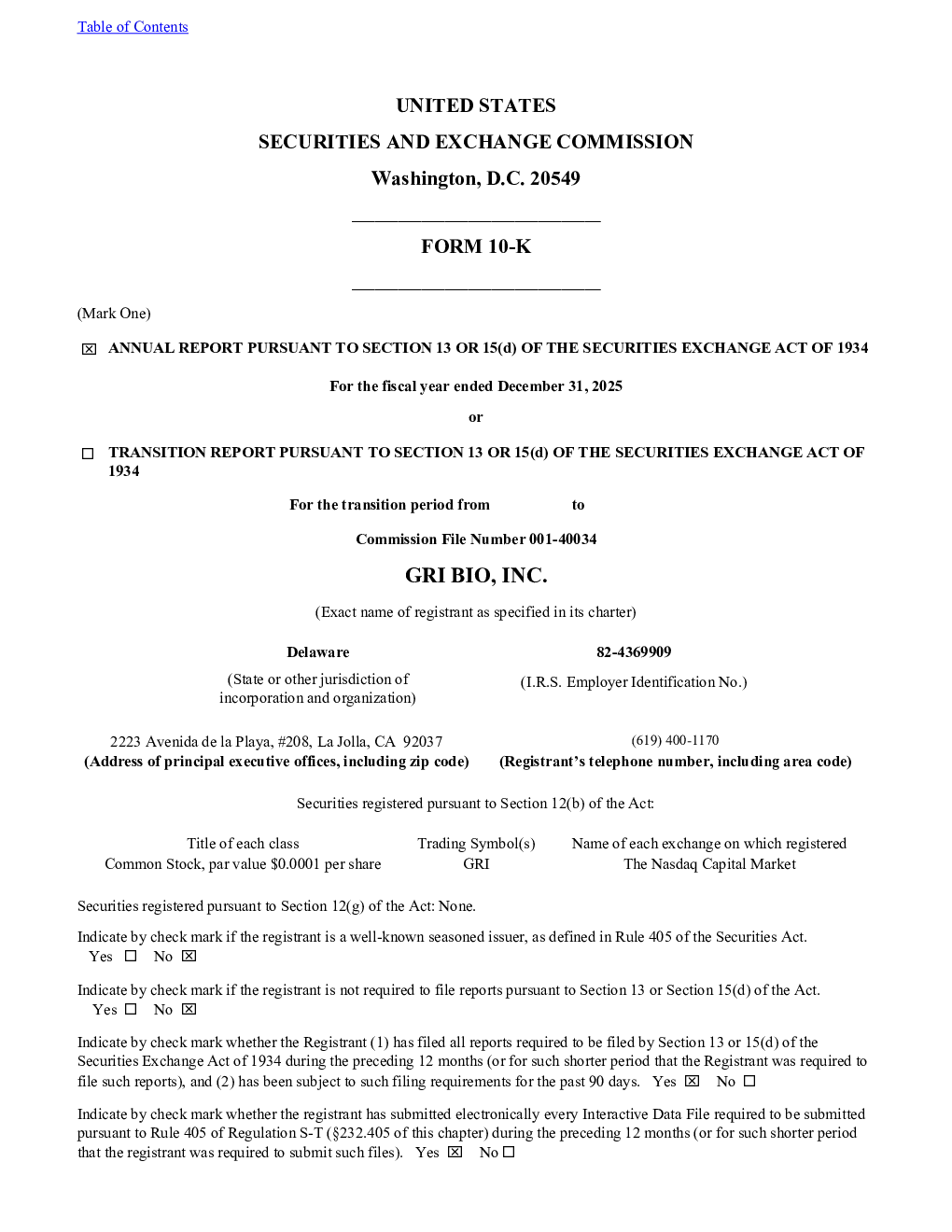 GRI Bio Inc 2025年度报告
