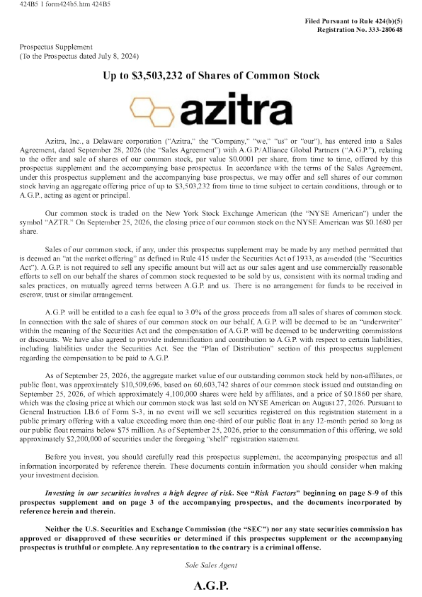 Azitra Inc美股招股说明书(2026-09-28版)