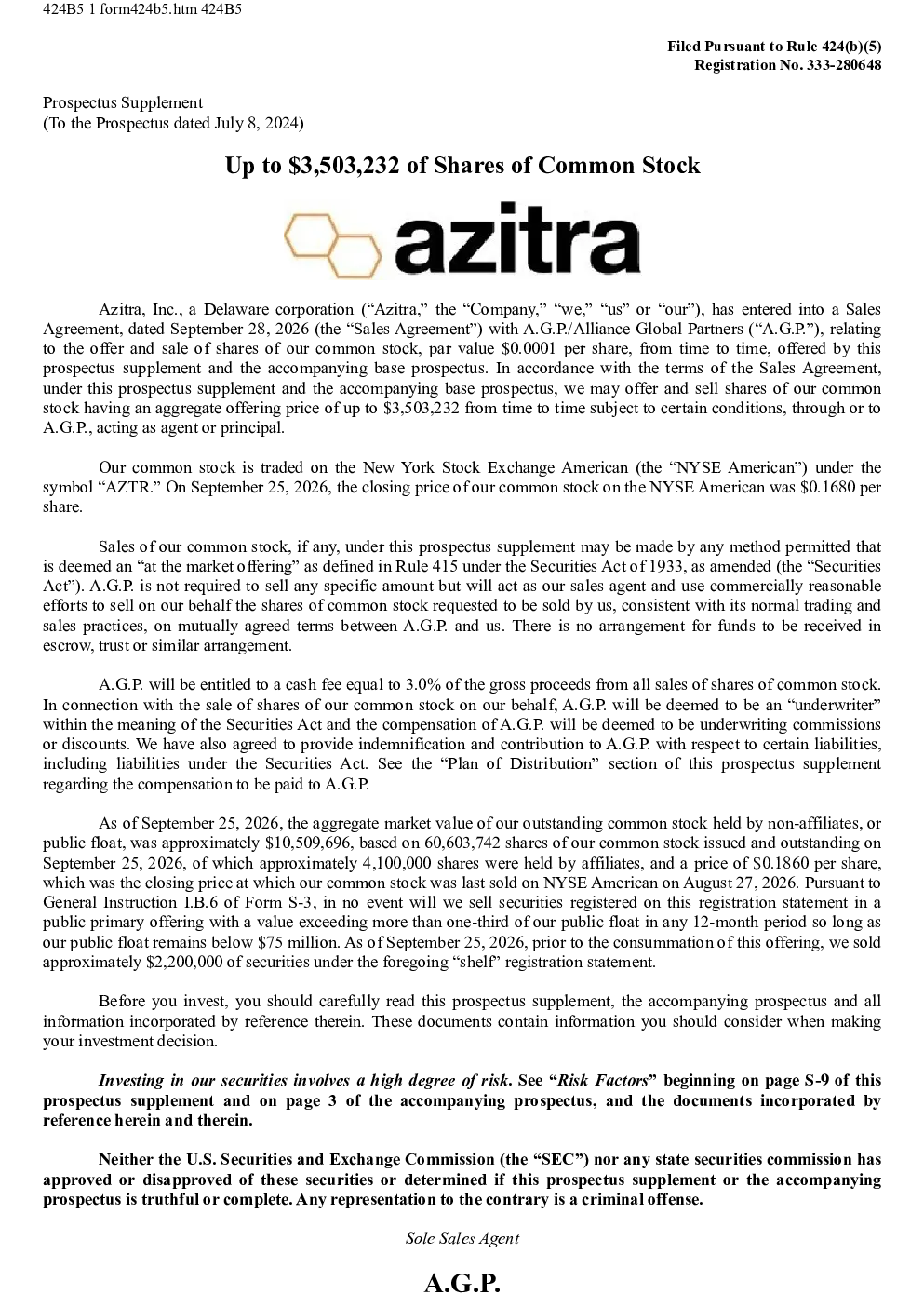 Azitra Inc美股招股说明书(2026-09-28版)