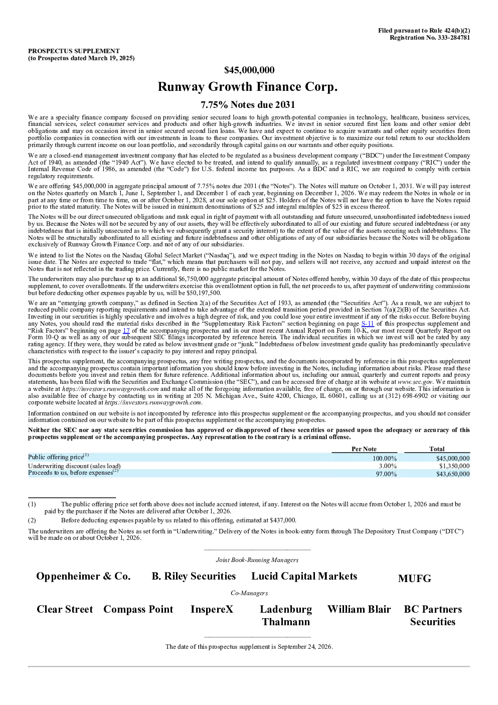 Runway Growth Finance Corp美股招股说明书(2026-09-28版)