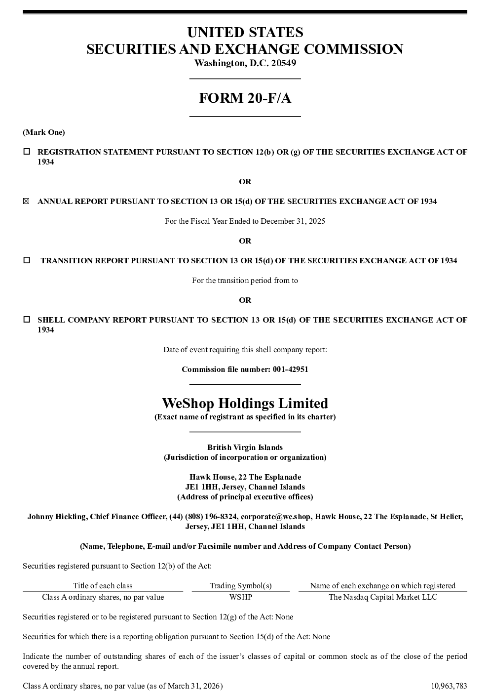 WeShop Holdings Ltd-A 2026年年度报告和过渡报告