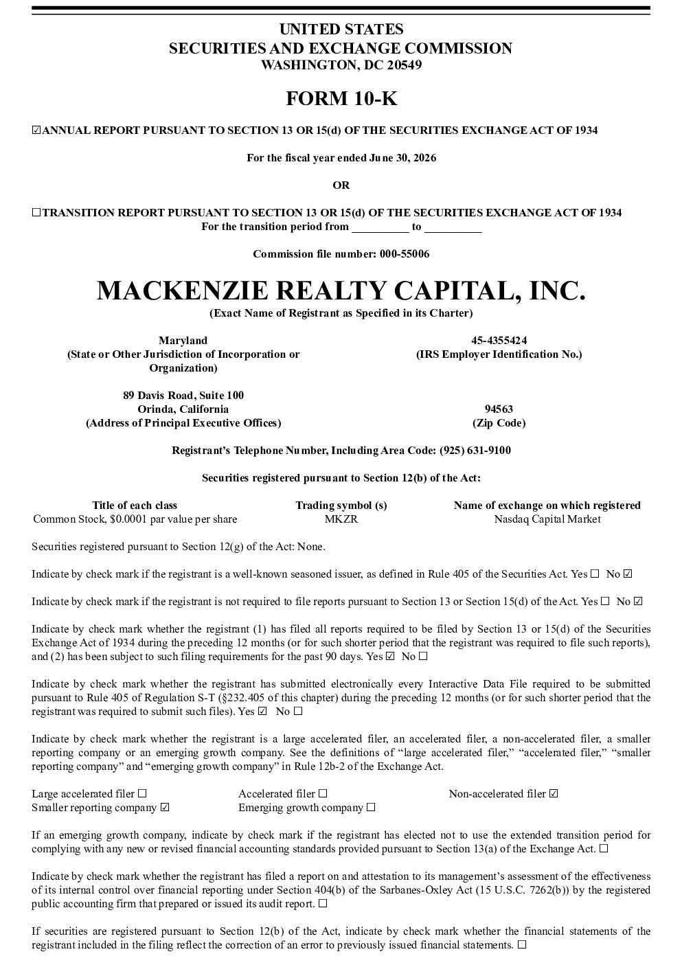 MacKenzie Realty Capital Inc 2025年度报告