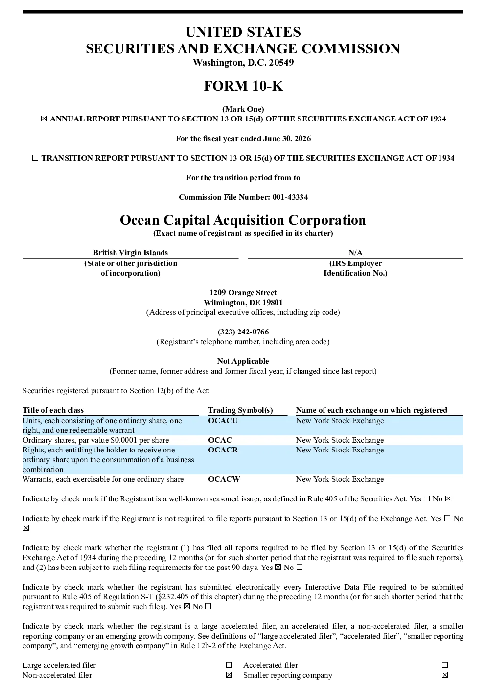 Ocean Capital Acquisition Corp 2025年度报告
